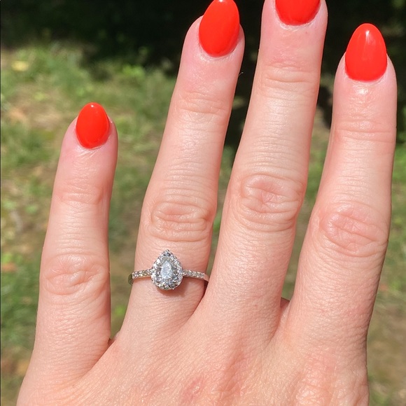 Platinum Pear Cut Halo Diamond Ring - Picture 7 of 15